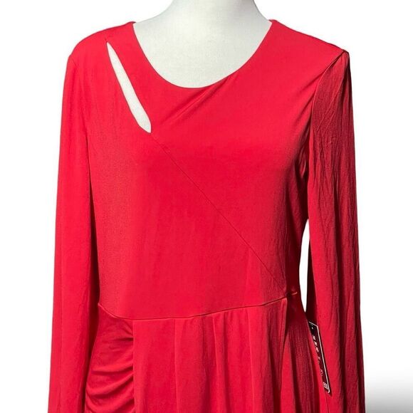 EXPRESS Vibrant Red Dress, Asymmetrical Hem, Long Sleeves  Front Cut out, Size L - Picture 2 of 9